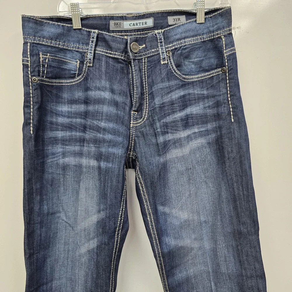 BKE Buckle Carter Straight Jeans Size 31 R   Mens Blue Denim Cotton Thick Stitch